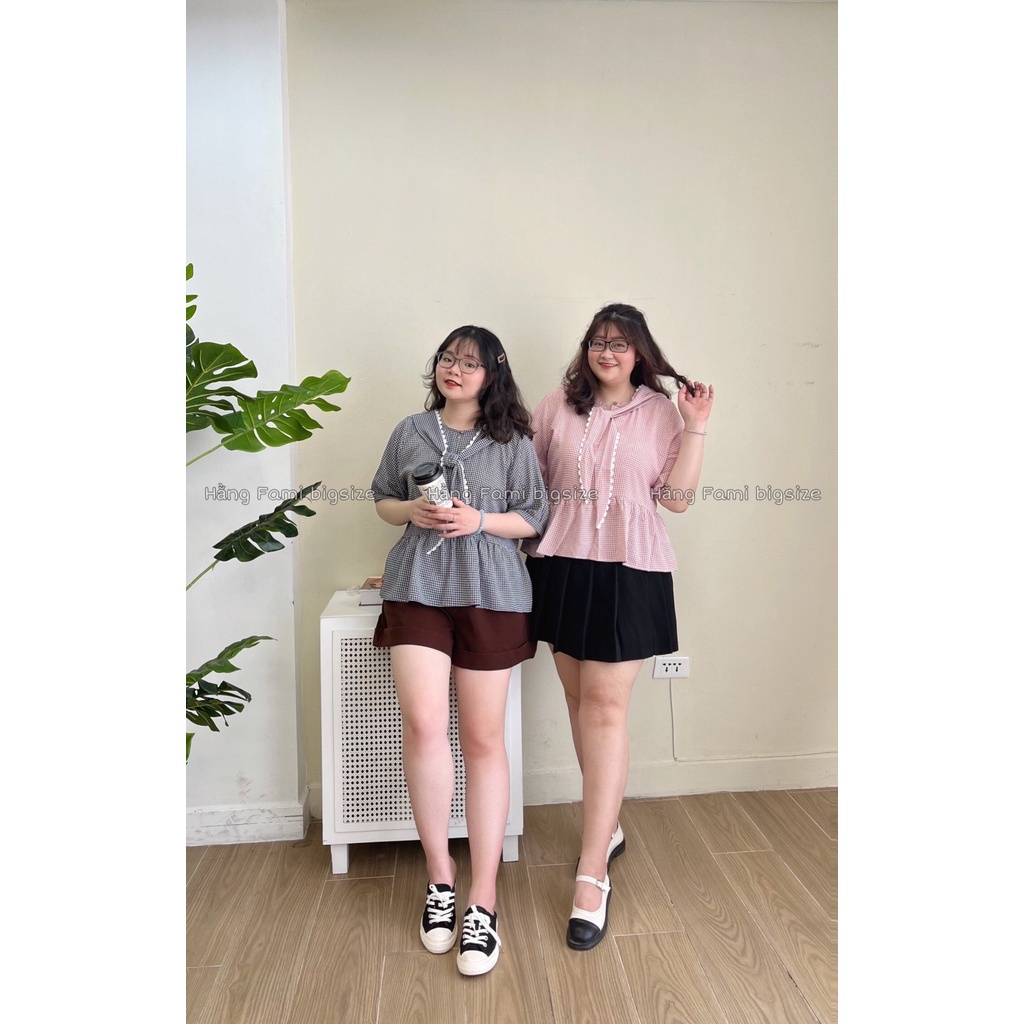 Áo babydoll bigsize kẻ caro cổ nơ buộc phối ren (size 60kg - 95kg ) (A373) [Hằng Fami bigsize]