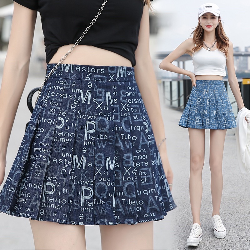 Chân váy xếp ly họa tiết chữ, chân váy tennis chất jean dày dặn [Quảng Châu cao cấp] | BigBuy360 - bigbuy360.vn
