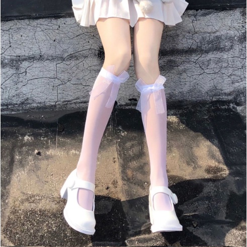 Tất vớ da nữ xuyên thấu đính nơ đáng yêu màu trắng đen, Vớ da đính nơ kiểu dáng Lolita by.Lisa TG26