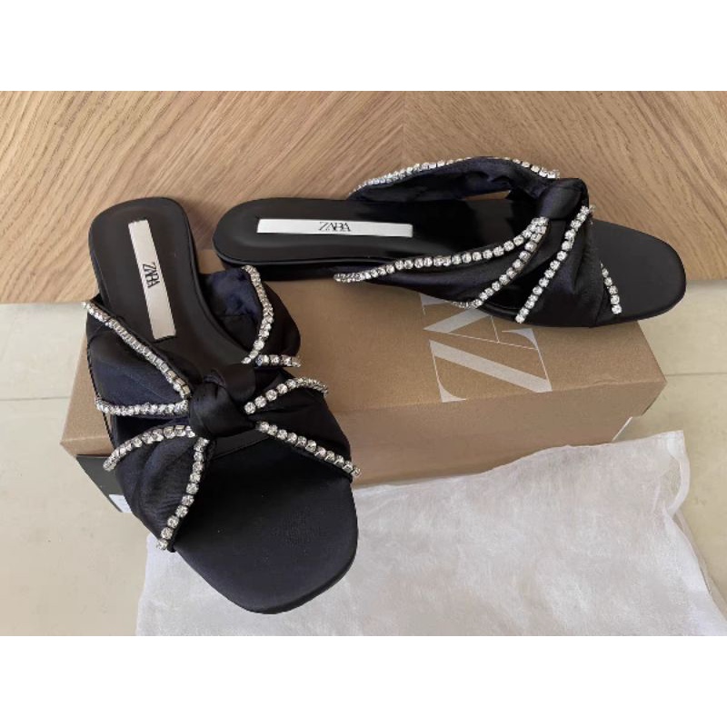 Zara Dép nơ lụa đen đính đá