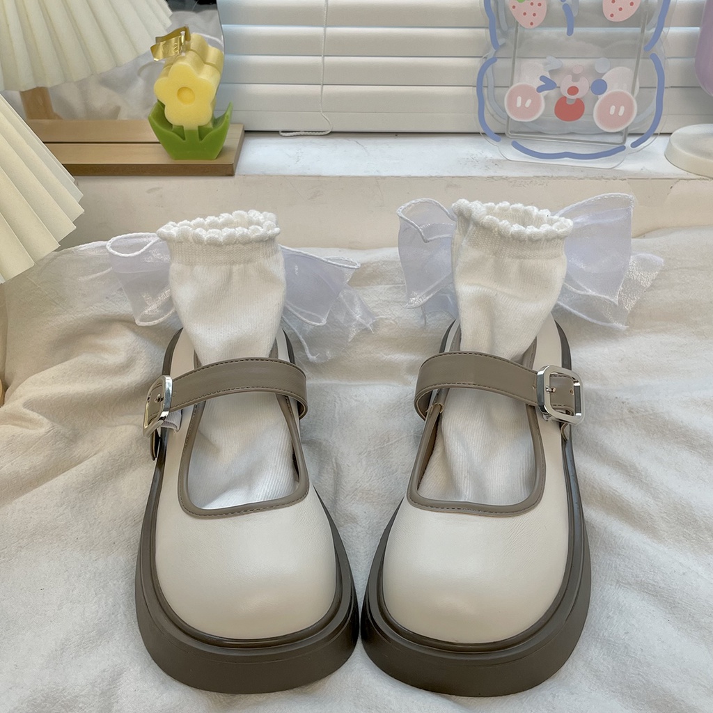 Giày búp bê nữ - Giày Mary Jane tiểu thư đơn giản phối nâu chuẩn hàng quảng châu