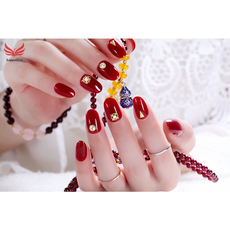 Bộ 24 Móng Tay Giả Đính Đá Màu Đỏ Phủ Toàn Diện Thời Trang Cho Nữ