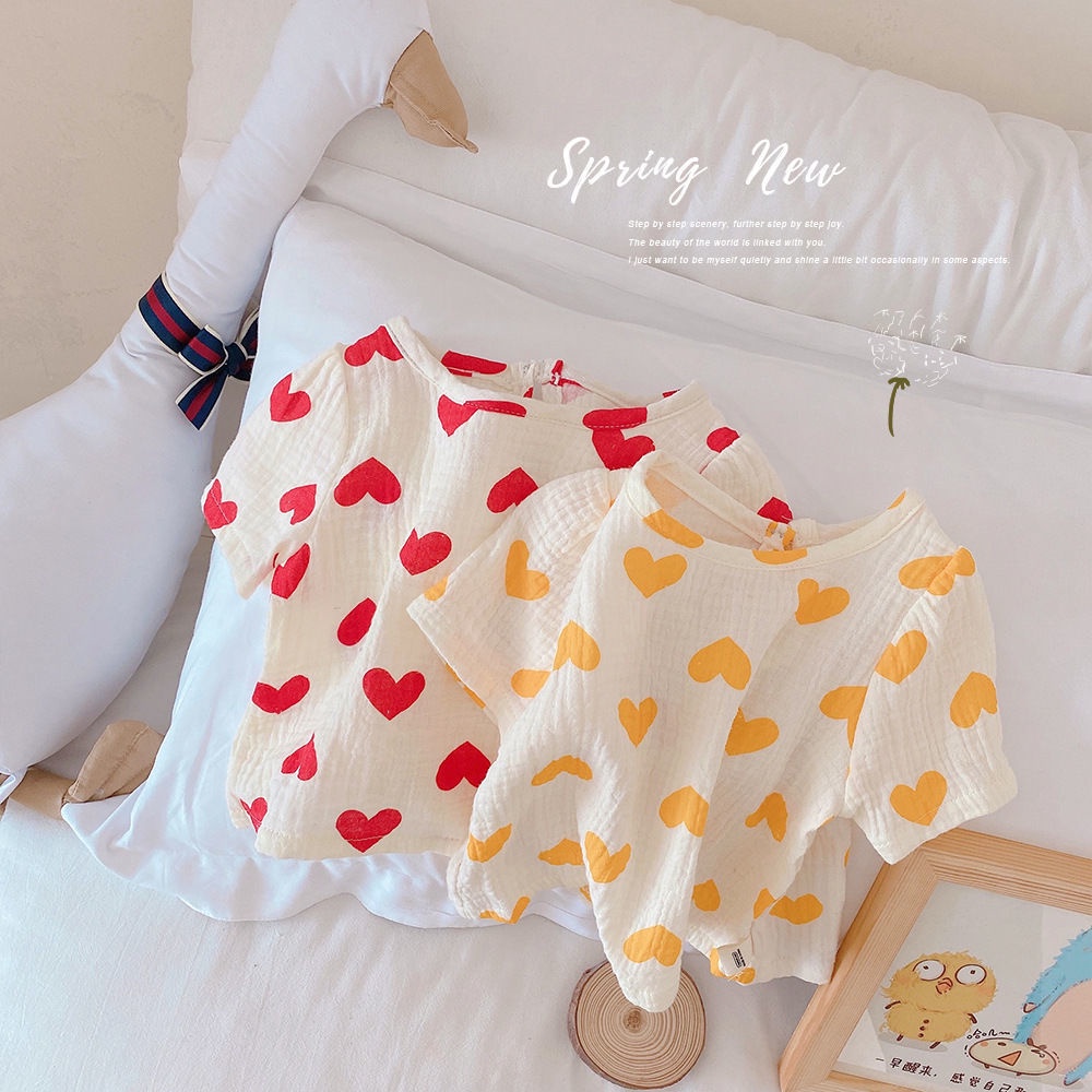 Set Áo Thun Ngắn Tay In Hình Trái Tim Và Quần Short Thời Trang Hàn Quốc Mới Cho Bé Gái