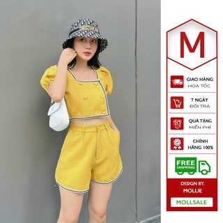 Set short Mollie thiết kế áo croptop nút bọc viền cổ vuông chất bố mềm mịn mỏng nhẹ phong cách Hàn Quốc 3 màu Freesize