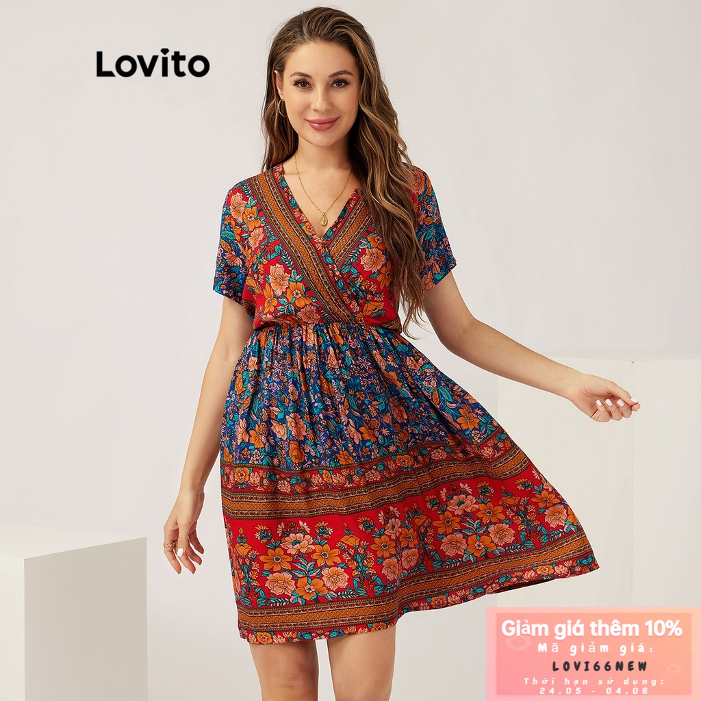 Lovito Đầm suông in hoa giản dị Đầm cổ V eo cao L21LT034 (Đỏ)
