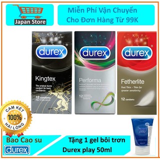 [RẺ]Combo 3 hộp bcs Durex fetherlite, Performa, Kingtex -Cao cấp tặng kèm 1 gel Durex 50ml mát lạnh -HÀNG CHẤT LƯỢNG TỐT