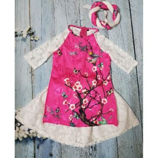 Set Áo dài cách tân hoa đào kèm mấn cho bé gái - hồng