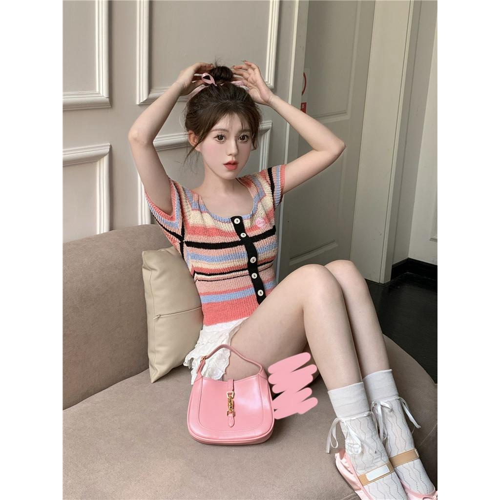 Áo Thun Dệt Kim Kẻ Sọc Cầu Vồng Thời Trang Mùa Hè Mỹ 64015