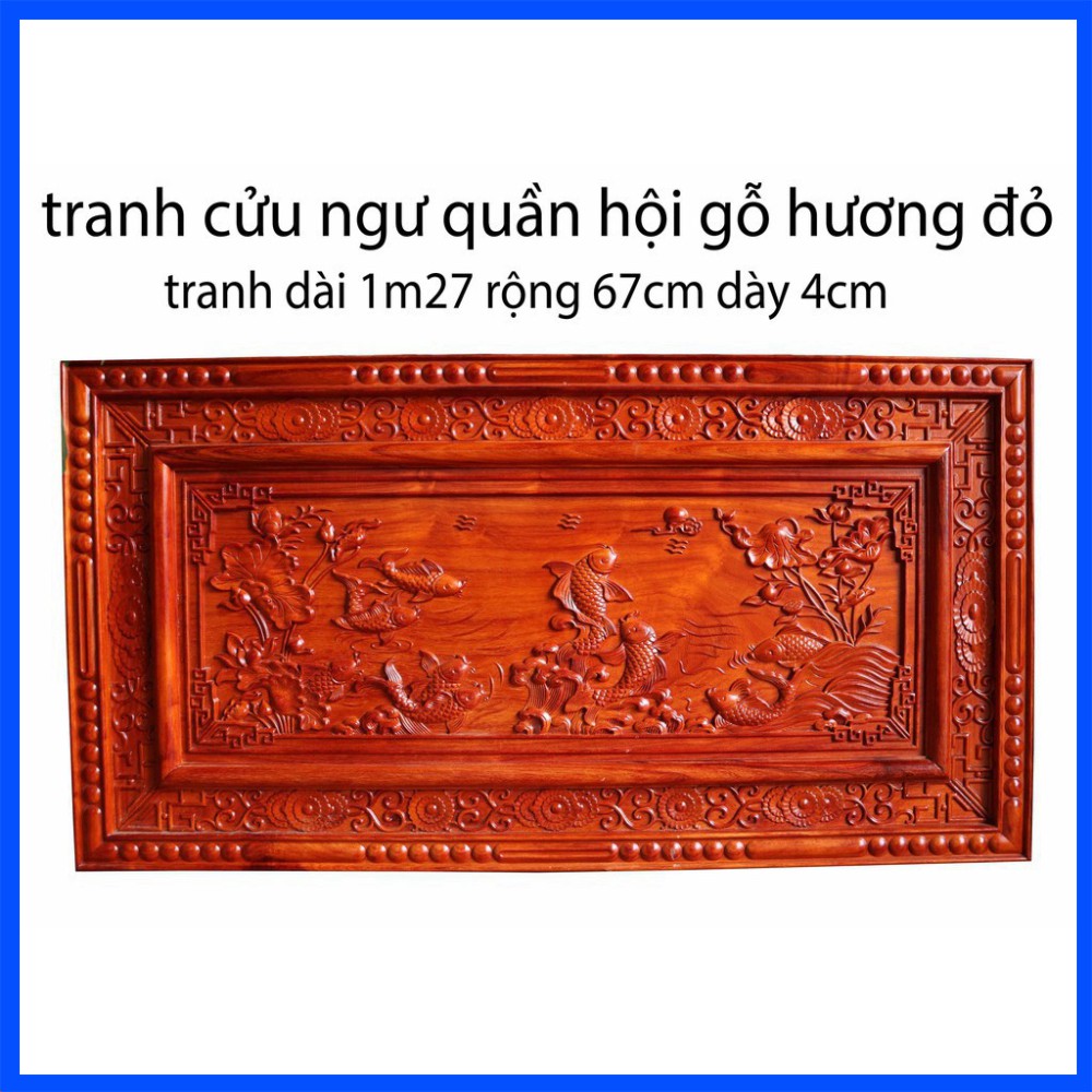 Tranh gỗ hương đỏ-tranh cửu ngư quần hội-tranh trang trí gia đình-tranh gỗ cao cấp