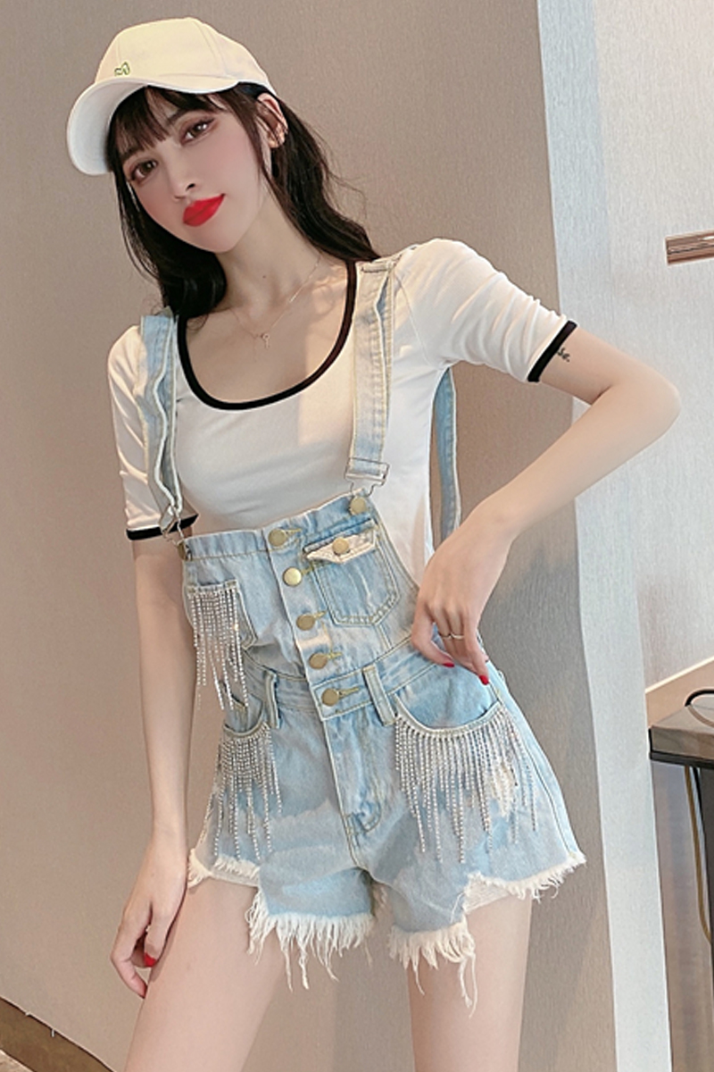 Quần Short Yếm Denim Lưng Cao Phối Tua Rua Đính Đá Phong Cách Retro