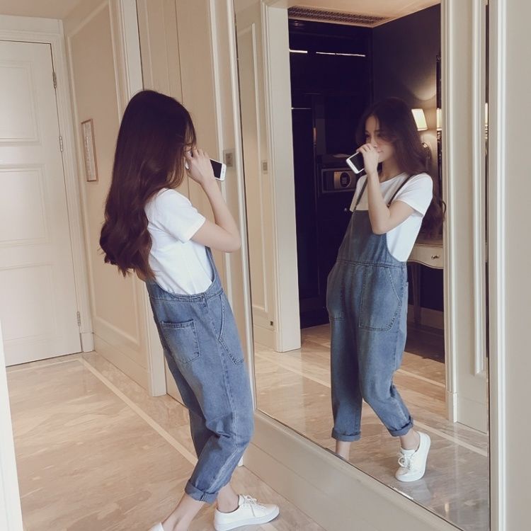 Bộ Áo Liền Quần Denim Dáng Rộng Phong Cách Hàn Quốc Dễ Thương Thời Trang Xuân Thu Cho Nữ 2022