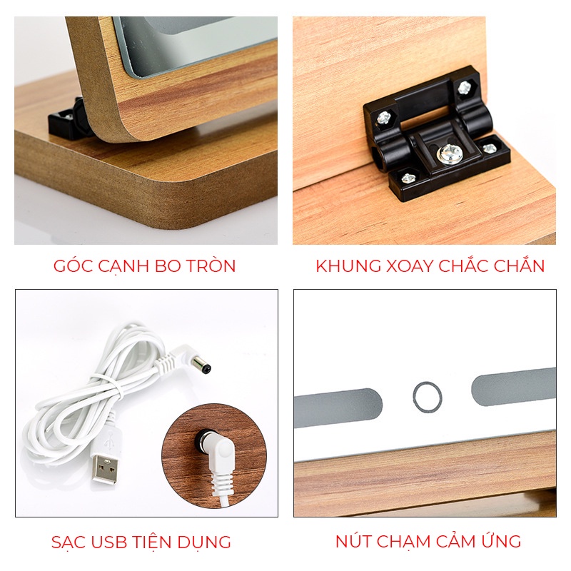 GƯƠNG TRANG ĐIỂM ĐÈN LED CẢM ỨNG - GƯƠNG ĐỂ BÀN BẰNG GỖ - DECOR VINTAGE