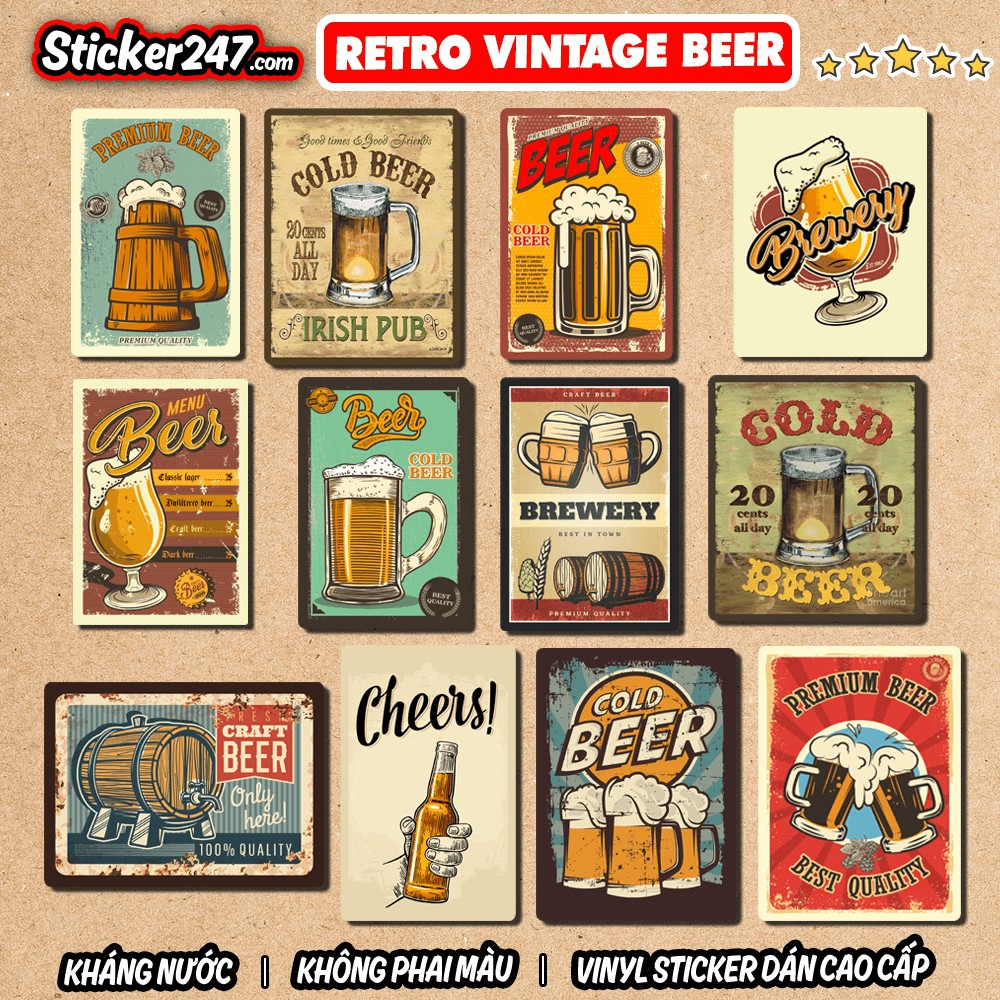 Sticker Chủ đề Beer 🌈𝑭𝒓𝒆𝒆𝒔𝒉𝒊𝒑 Retro Vintage chống nước, sticker dán laptop, ipad, mũ bảo hiểm,vali, decor