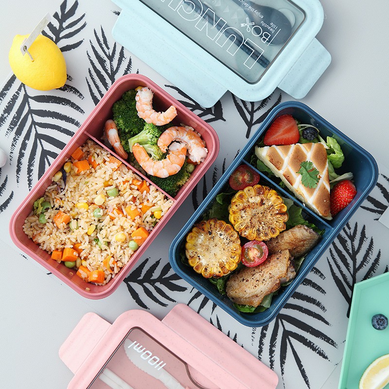 Hộp Đựng Cơm Đựng Thức Ăn Văn Phòng 2 Ngăn LUNCH BOX 1100ml Chất Liệu Rơm Lúa Mạch - Tặng Kèm Bộ Đũa Muỗng