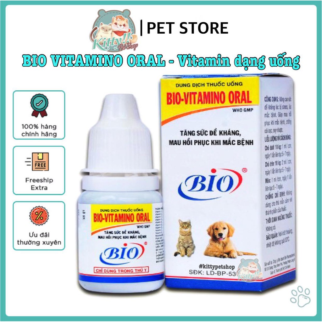 Bio Vitamino Oral -  giúp bổ sung vitamin, tăng sức đề kháng cho thú cưng, chó, mèo... dạng uống 10ml