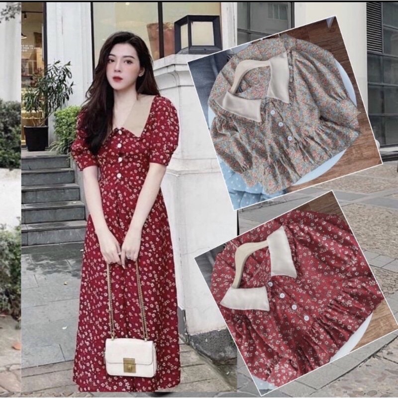 Váy bầu đầm bầu hoa 🌺 nhí cổ bẻ dáng babydol chất lụa mềm mát 2mau siêu xinh