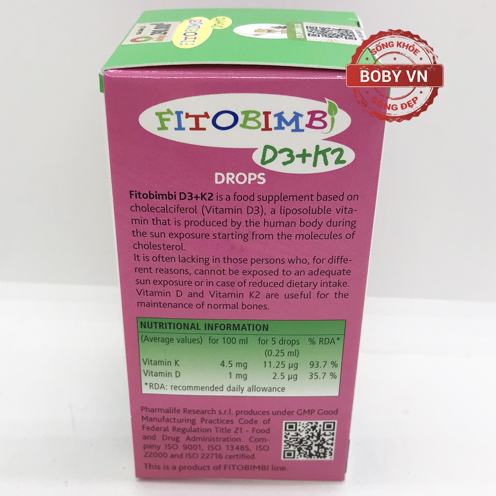 Fitobimbi D3+K2 Drops bổ sung vitamin d3 và k2 hỗ trợ hấp thu canxi cho trẻ em và người lớn