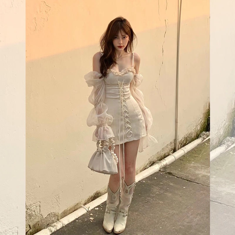 Cổ Phiếu Sẵn Sàng❣Ah F &amp; X Đầm Ống Tay Phồng Xuyên Thấu Dáng Ôm Phối Dây Buộc Thời Trang Mùa Hè Quyến Rũ 2022 Dành Cho Bạn Nữ