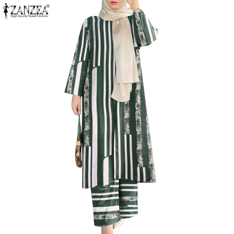 Set trang phục ZANZEA áo dáng dài tay dài và quần dài lưng thun ống rộng in họa tiết thời trang hồi giáo dành cho nữ