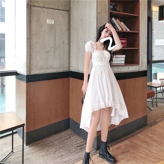 Váy Ullzang đuôi cá tay ngắn cổ vuông kèm đai 2 màu đen, trắng cá tính Momome