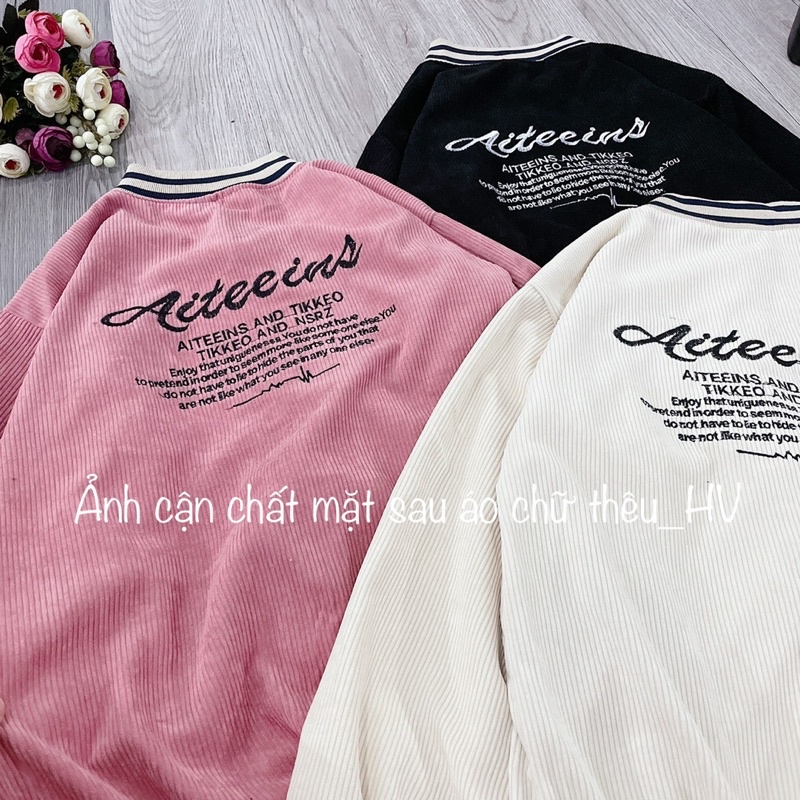 Áo khoác bomber nhung tăm nam nữ thêu chữ 2 mặt