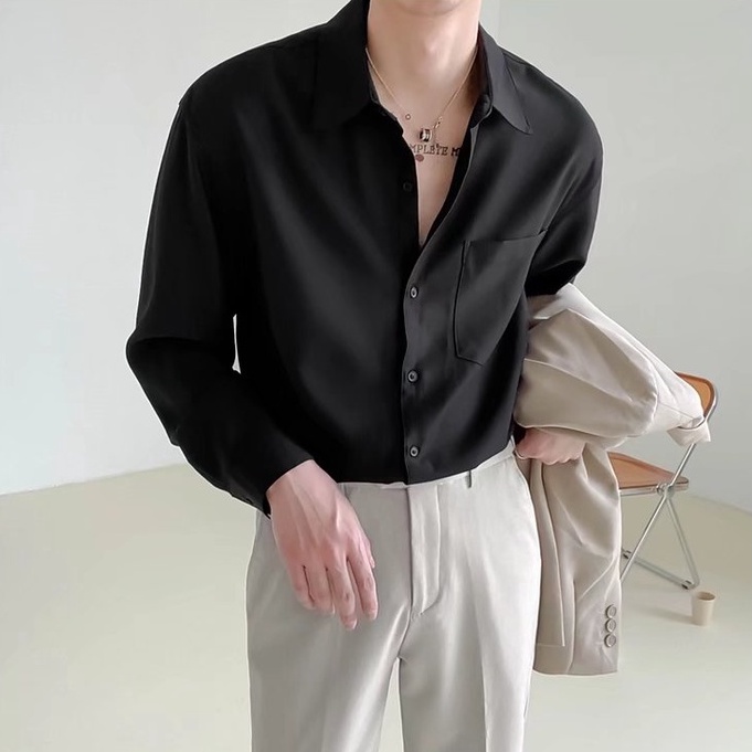 Hàn quốc áo sơ mi nam trơn form rộng áo sơ mi tay dài