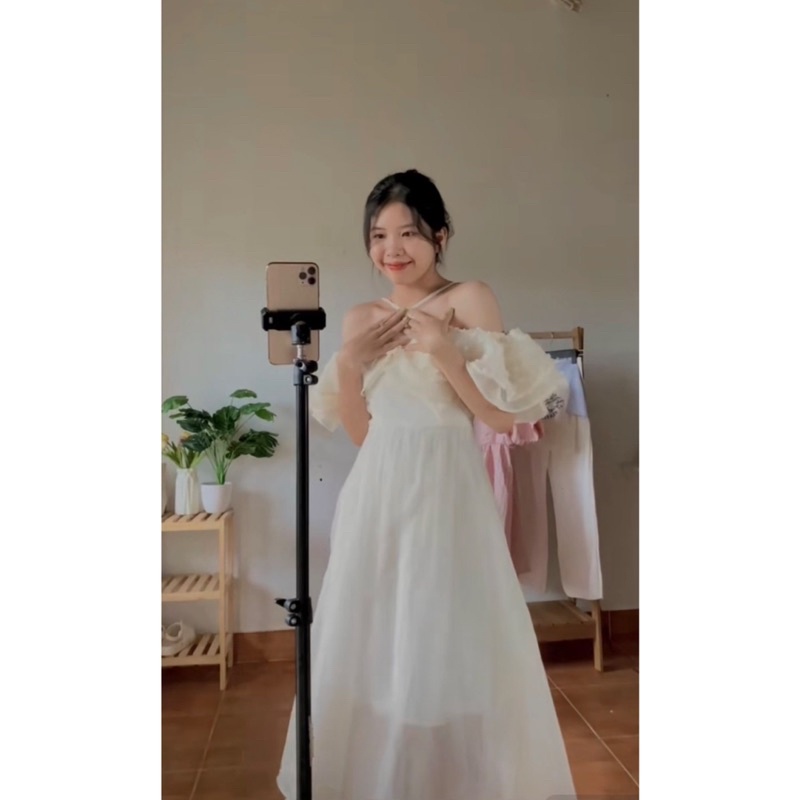Đầm Maxi Tơ Be Cổ Yếm Bèo Trễ Vai Có Ảnh Thật, Váy Maxi Trễ Vai BeTiểu Thư