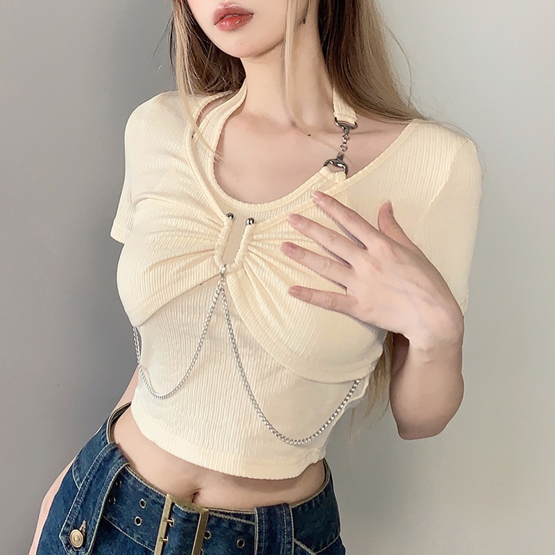 Áo Thun Tay Ngắn Cổ Chữ U Phối Dây Xích Thời Trang Cá Tính Cho Nữ