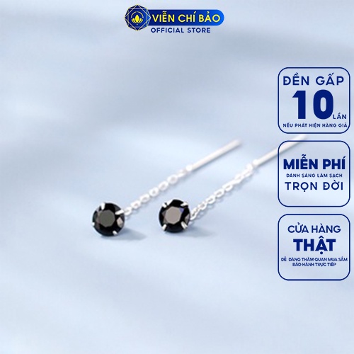 Bông tai bạc nữ đính đá đen dây xích bạc 925 thời trang phụ kiện trang sức Viễn Chí Bảo B000153x