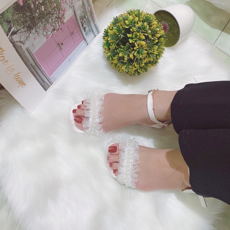 [Xả kho sll] Giày sandal nữ cao gót 4p quai ren hàng ngọc da mềm dễ đi cực xinh