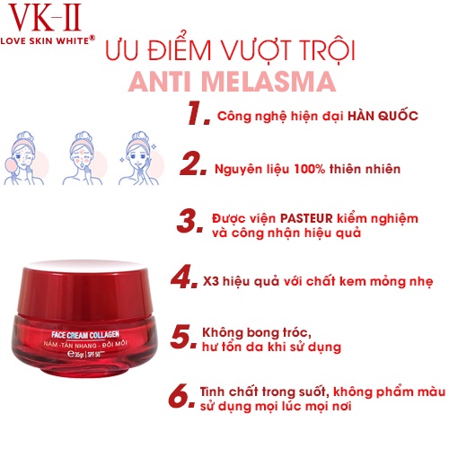 Kem dưỡng da mờ nám, tàn nhang, đồi mồi VK II Love Skin White Face Cream Collagen 35g