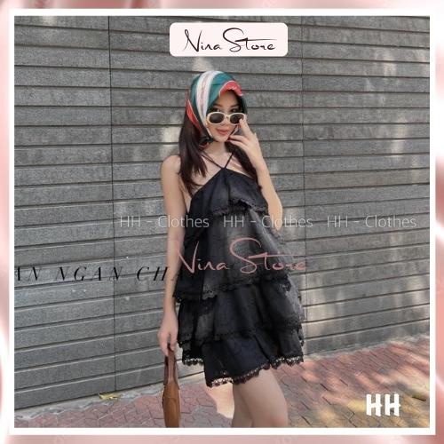 Váy trắng nữ cổ yếm chất ren cao cấp mềm xếp tầng 2 màu style tiểu thư nhẹ nhàng sexy sang chảnh NinaStore