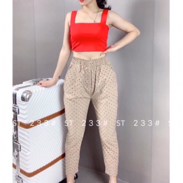 Quần baggy chấm bi nhiều cúc vải đũi mát lạnh