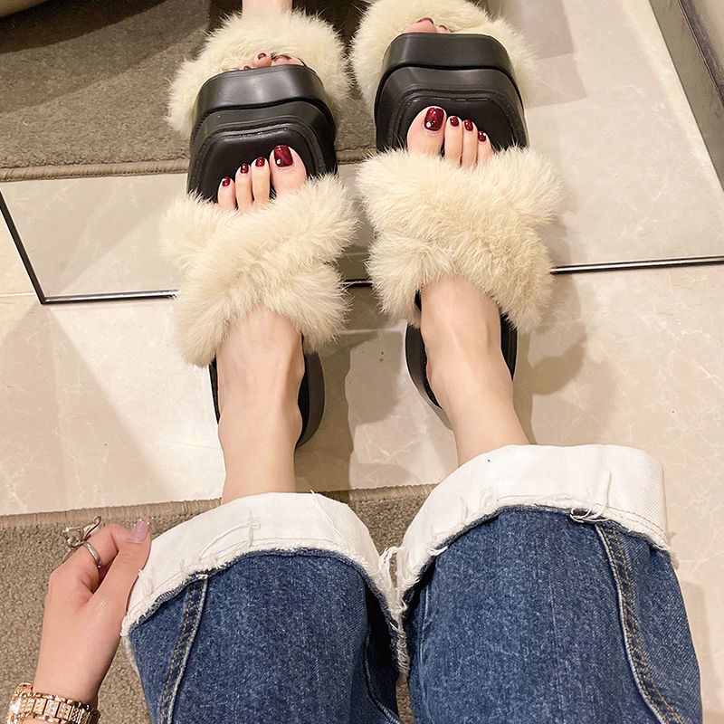 Dép Lông Xù Mũi Vuông Đế Dày Thời Trang Mùa Thu 2022 Mới Cho Nữ
