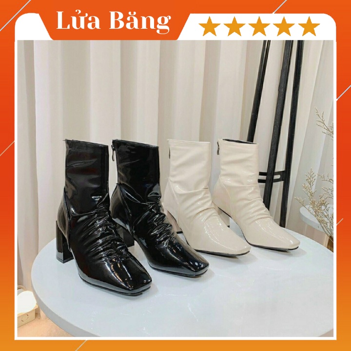Boot Nhăn Da Bóng Cổ Lửng Gót Vuông 7 Phân