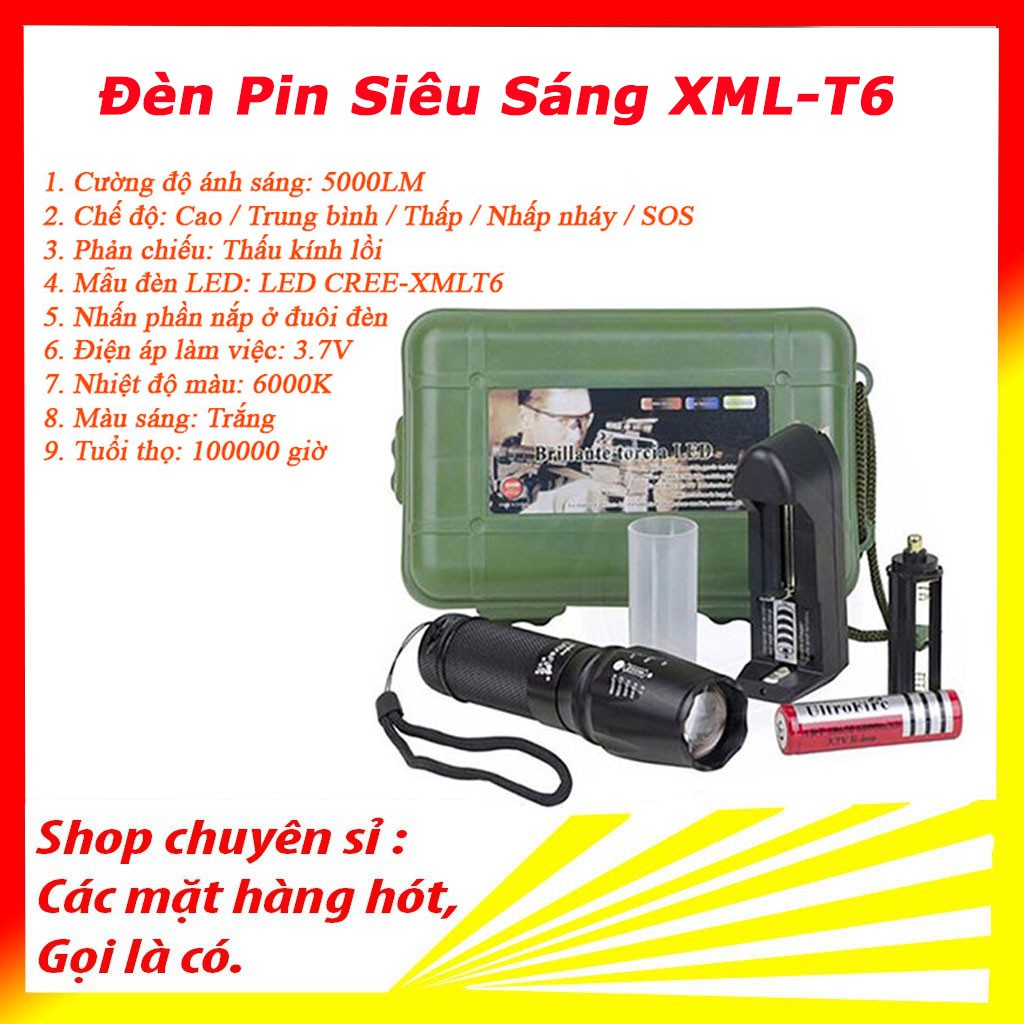 Đèn Pin Siêu Sáng Cao Cấp T6 Hợp Kim Chống Nước Pin Có Thể Sạc Lại ( KÈM HỘP ĐỰNG SANG TRỌNG )