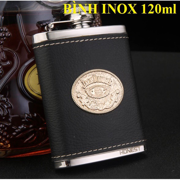 Bình đựng rượu inox 120ml (4oz) chính hãng Honest, bọc da logo Jack Daniel's