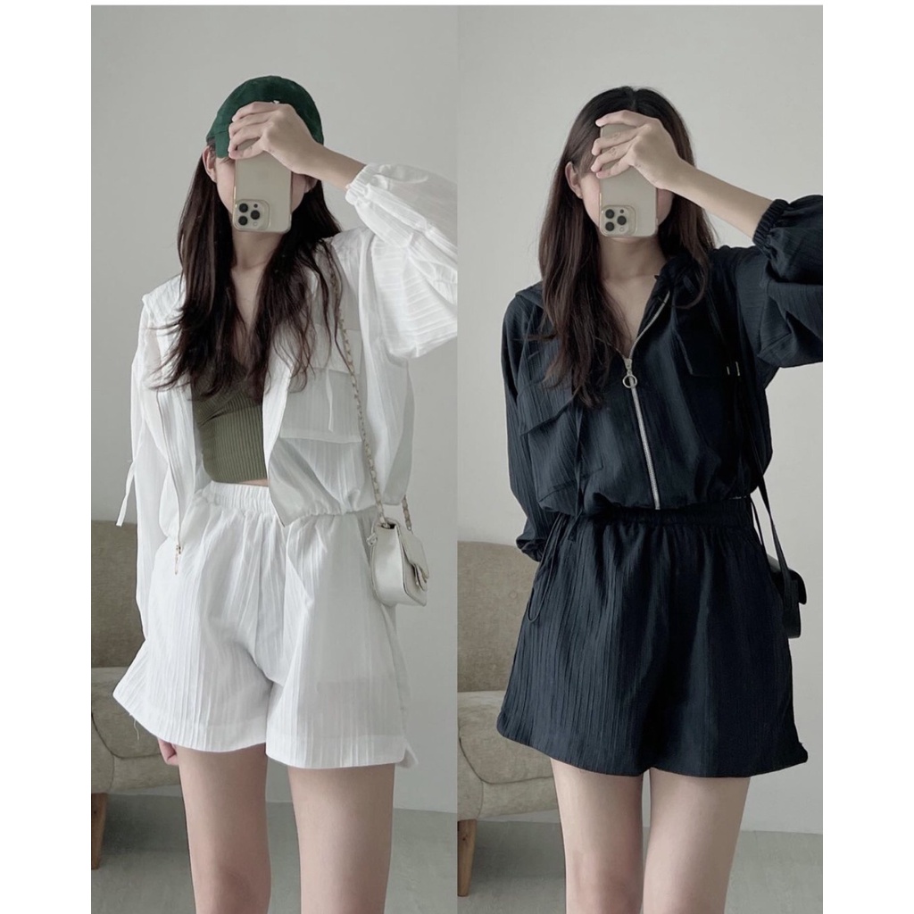 Set thể thao áo khoác nhăn dài tay kèm quần short màu trơn