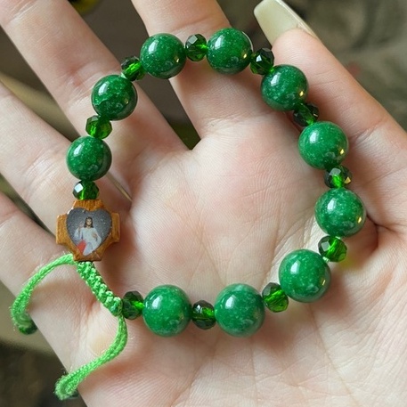 Vòng Tay Mân Côi - Chuỗi Tràng Hạt Đeo Tay Đá Xanh 10ly dây rút , dây chun