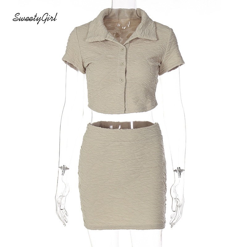 Bộ Áo Tay Ngắn Cổ Bẻ Màu Trơn Ôm Dáng Phối Chân Váy Lưng Cao Thời Trang 2022 Cho Nữ