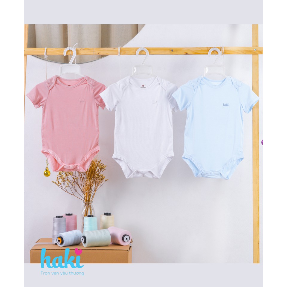 BM006 - Bodysuits cộc tay vải gỗ sồi siêu mềm mịn HAKI -Trắng, body cho bé sơ sinh, bộ liền cho bé trai bé gái