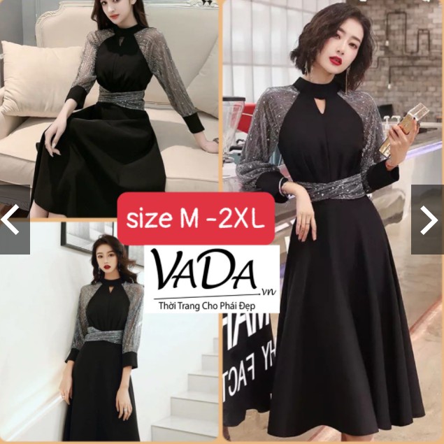 #Đầm #xòe tay dài cổ lọ cách điệu tay phối lưới kim tuyến sang chảnh cao cấp có #BIG #SIZE