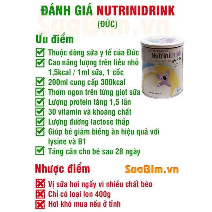 Combo 05 Lon Sữa Bột Nutricia Nutrinidrink Khối Lượng 400gram Date T2-2022 Vị Vani