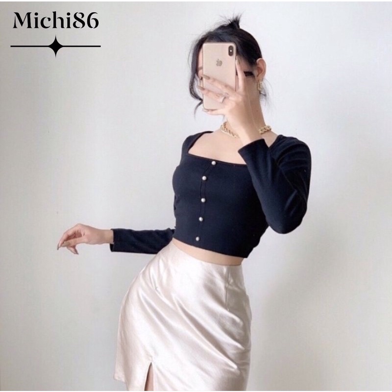 Áo croptop kiểu nữ cổ vuông tay dài gắn nút ngọc Michi , áo thun nữ tay dài | BigBuy360 - bigbuy360.vn