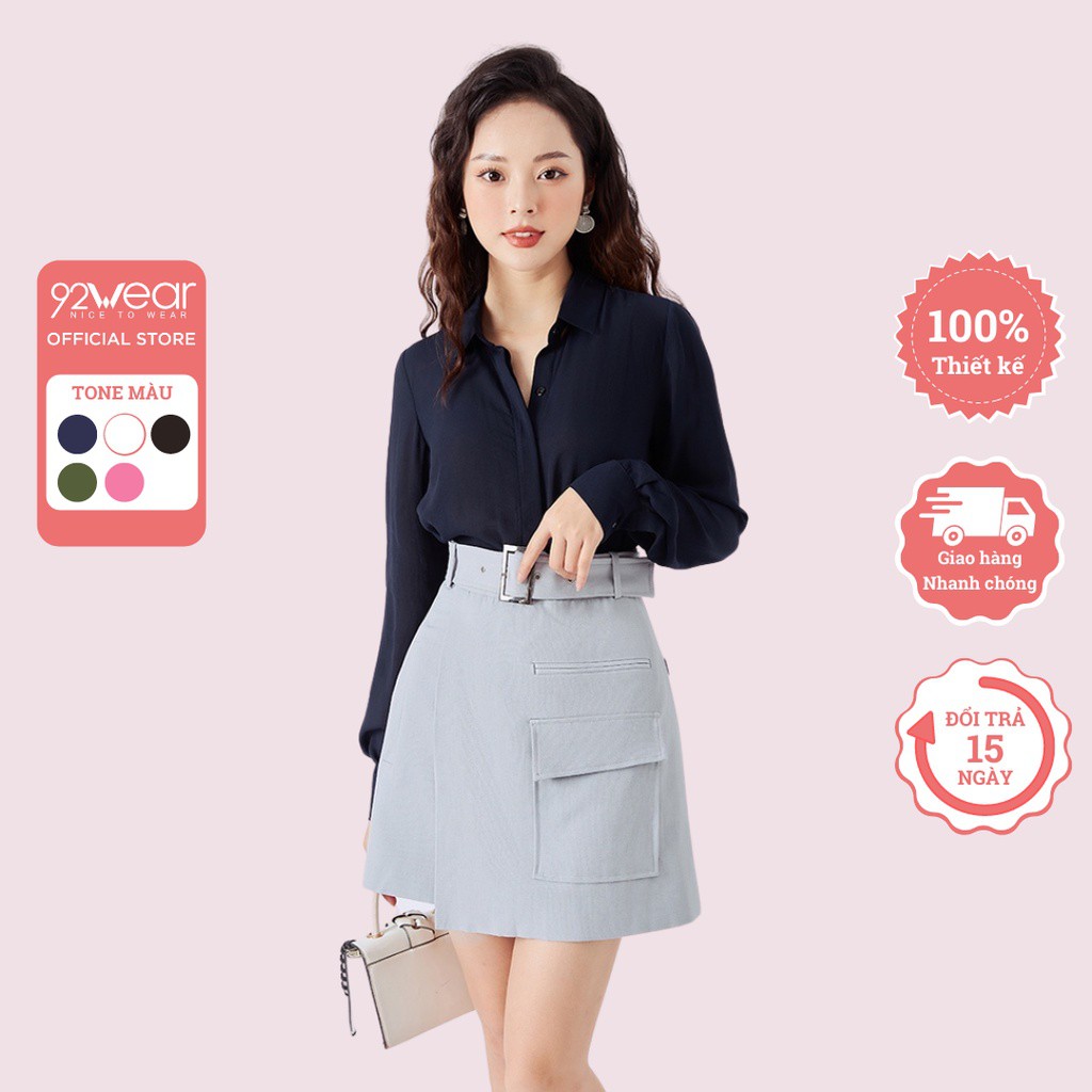 Áo sơ mi nữ dài tay cổ đức 92WEAR thiết kế công sở thanh lịch cúc giấu tinh tế ASA0143 - Hàng mới về