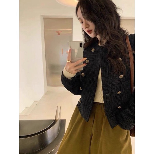 Áo khoác dạ tweed cổ điển 2 hàng cúc retro phong cách Hàn Quốc