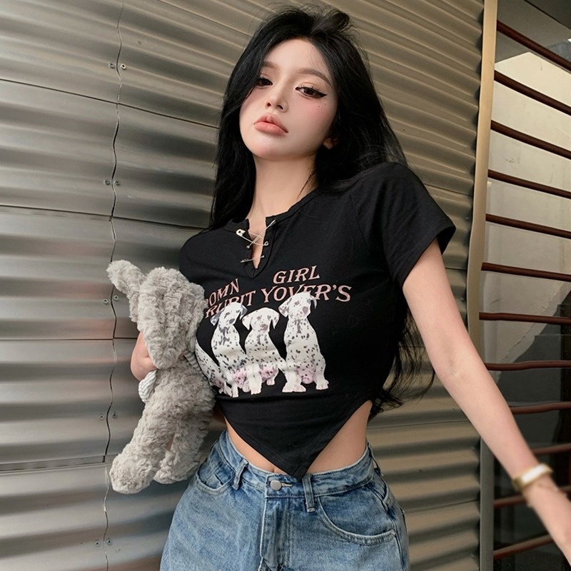 Áo Thun Croptop Cổ Tròn In Hình Động Vật Phong Cách Hàn Quốc Xinh Xắn Cho Nữ