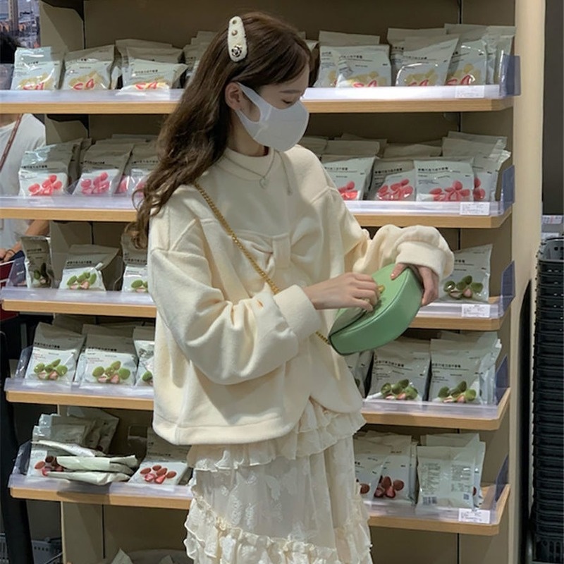 Áo Nỉ Dày Tay Dài Thắt Nơ Thời Trang Thu Đông Cho Nữ