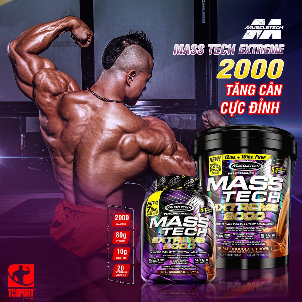 Sữa tăng cân Mass Tech Extreme 2000 7lbs (3.18Kg) - Muscletech USA - Mùi Chocolate, Vani - Kèm quà tặng