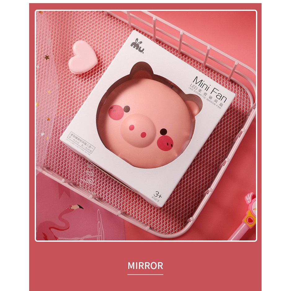 Quạt mini❤️SALE❤️Gương mini cầm tay có đèn led và quạt 3 in 1 hình heo siêu dễ thương nhỏ gọn tiện dụng bỏ túi dễ dàng | BigBuy360 - bigbuy360.vn